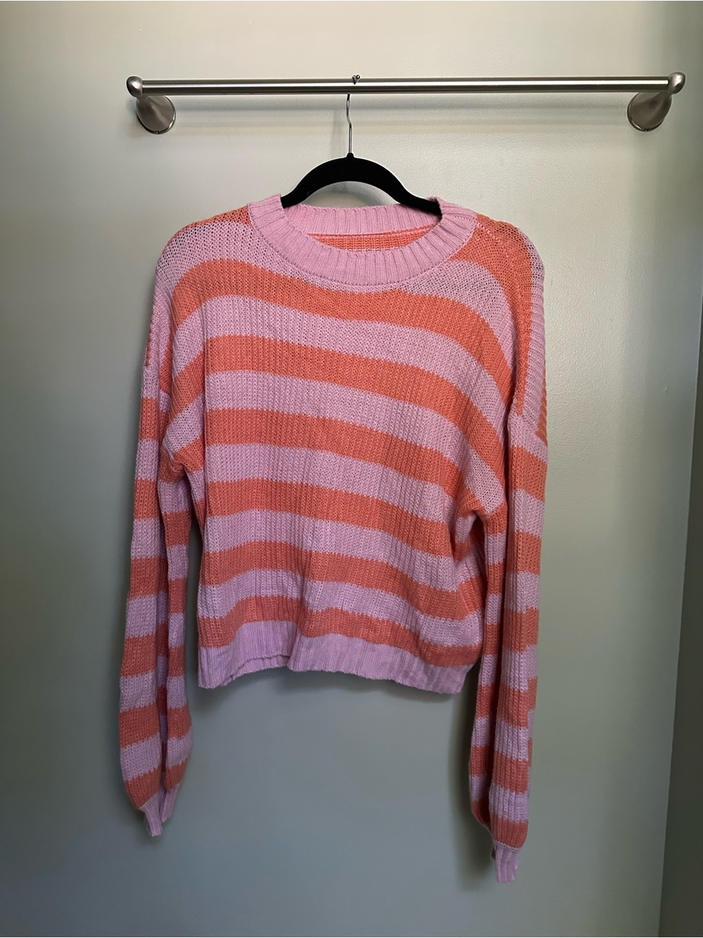 SHEIN Pink and Coral Striped Crewneck Sweater